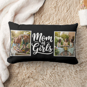 Mom of Girls Brush Script Double Photo Black White Lumbar Pillow