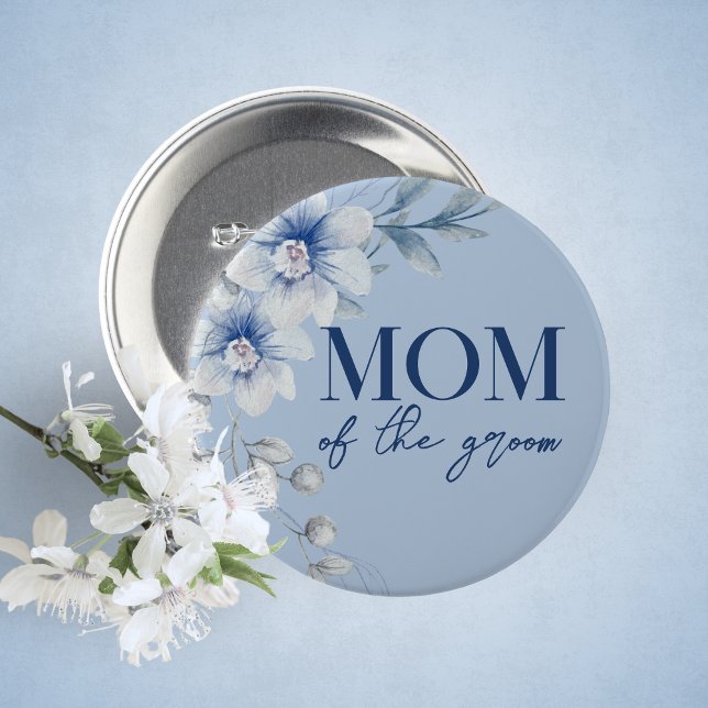 Mom of the Groom Blue Floral Bridal Shower Button (Mom of the Groom Watercolor Blue Floral Guest of Honor Buttons. 5 Sizes Available)