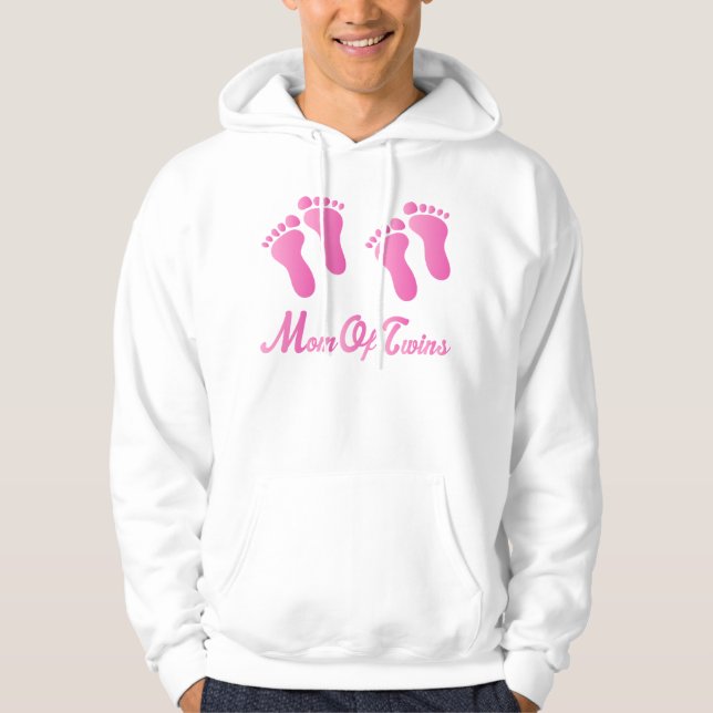 Mom Of Twins Pink Footprints Hooded Sweatshirt (Front)