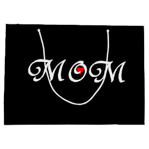 Mom on Black Background with Red Heart gift bag. Large Gift Bag