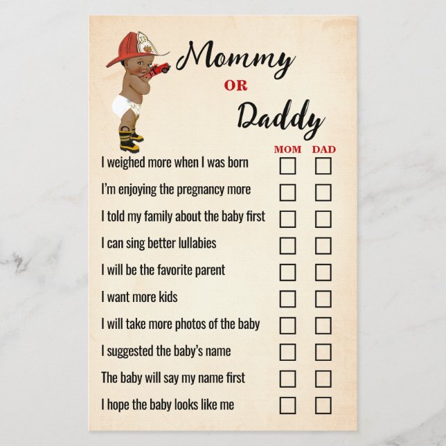 Mom or Dad AA Firefighter Baby Shower Game Card (Front)