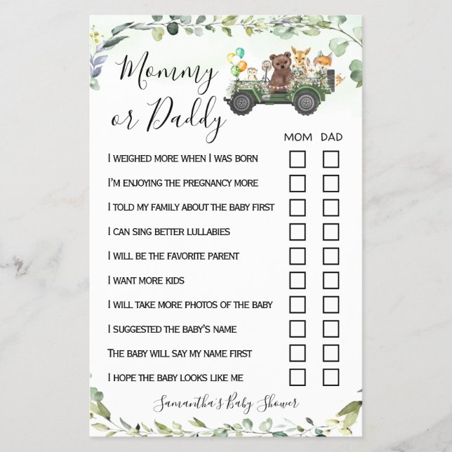 Mom or Dad Woodland Animals Baby Shower Game Card (Front)