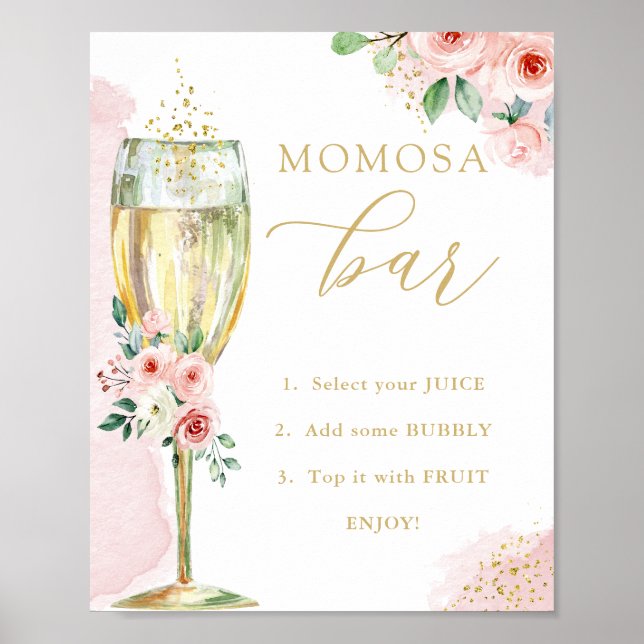 "MOM"osa Bar, Pink Gold Flowers & Glass, Shower Poster (Front)
