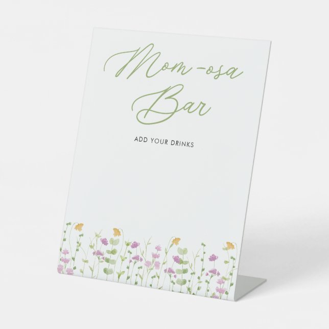 Mom-osa Bar Yellow Pink Wildflower Baby Shower Pedestal Sign (Front)