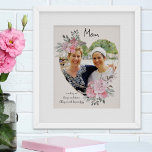 Mom Photo Gold Heart Shaped Pink Floral Frame Poster<br><div class="desc">Custom Photo poster which you can personalize for anyone and add a favourite saying or words from the heart. Your photo is set into a geometric heart shaped gold frame. The gemstone frame is decorated with watercolor bouquets of pink flowers. It is lettered with the wording "Mom , , smoothing...</div>