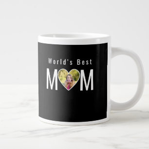 Mom Photo in Black Heart Frame Modern Text Large Coffee Mug