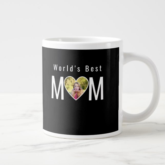 Mom Photo in Black Heart Frame Modern Text Large Coffee Mug (Right)