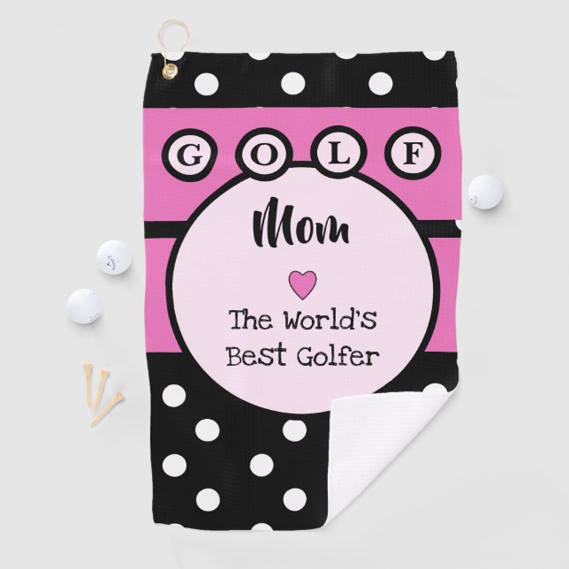 Mom pink and black with stripes and polka dots golf towel (InSitu)