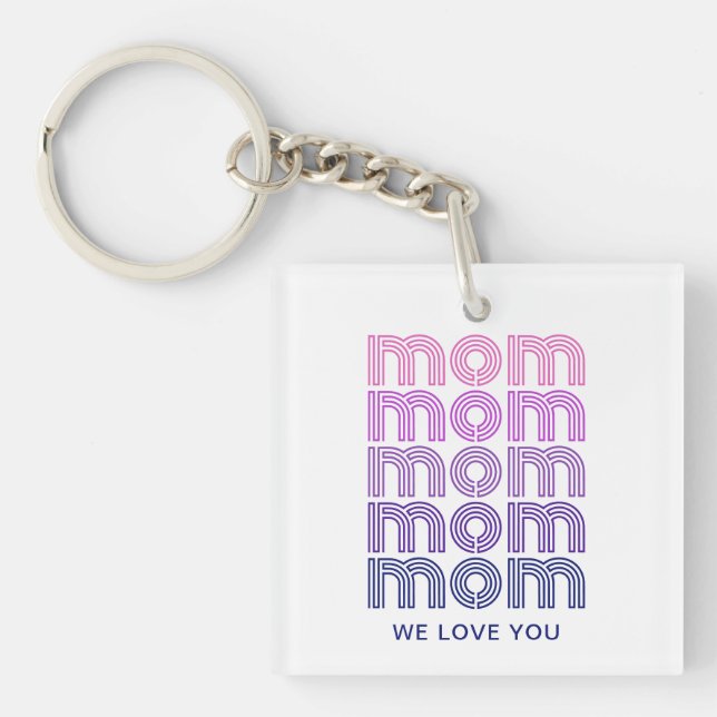 Mom | Pink and Purple Disco Style Text and Photo Keychain (Front)