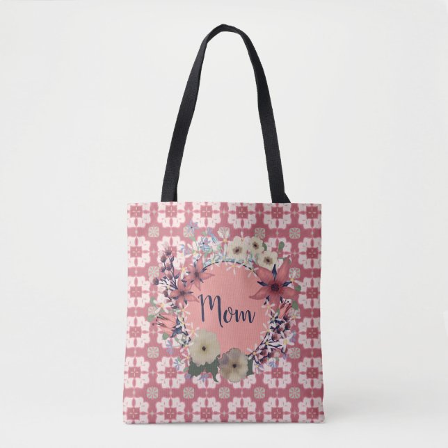 Mom | Pink Floral Wreath | Monogram Tote Bag (Front)
