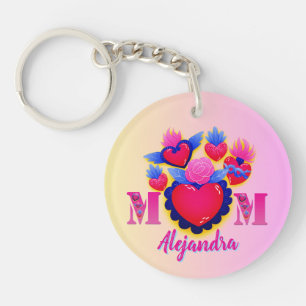MOM Pink Hearts of Editable Mama Name Keychain