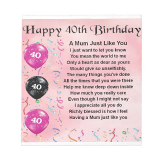 Mom Poem - 40th Birthday Notepad