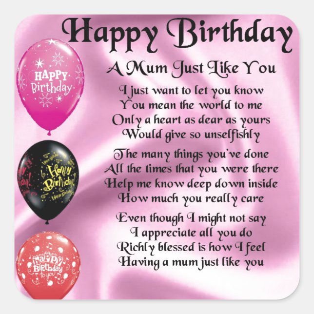 Mom Poem  -  Happy Birthday Square Sticker (Front)