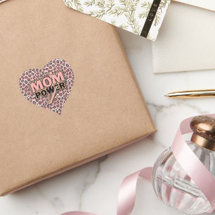 Mom Power Pink Leopard Print Heart Sticker