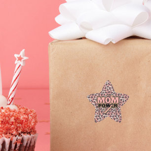 Mom Power Pink Leopard Print Star Sticker