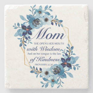 Mom - Proverbs 31:26 Mother's Day Scripture Floral Stone Coaster