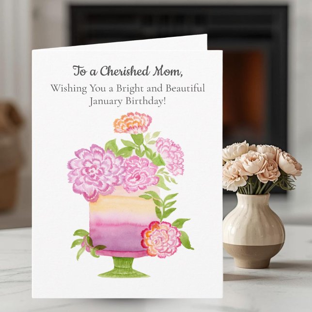 Mom Purple Carnations on January Birthday Cake Card (Creator Uploaded)