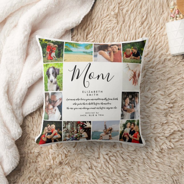 Mom Quote Modern Script 12 Photo Collage Throw Pillow (Blanket)