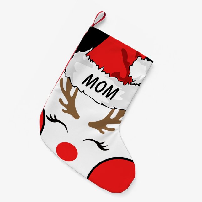 Mom Red Nose Reindeer with Santa's Hat Name Small Christmas Stocking (Front (Hanging))