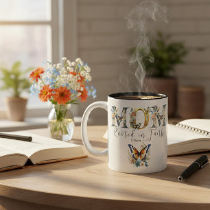 Mom rooted in faith floral butterfies Two-Tone coffee mug