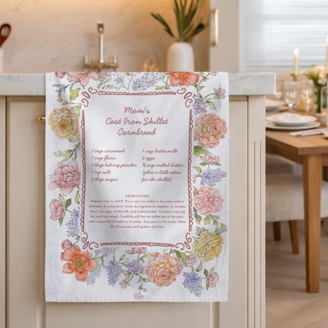 Mom’s Recipe Kitchen Floral Towel Keepsake (Floral Mom's Recipe Kitchen Tea Towel Gift Idea)