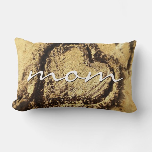 Mom Script Beach Sand Drawn Heart Photo Modern Lumbar Pillow (Front)