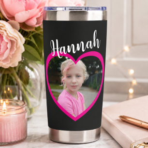 Mom Script Pink Heart Child Name Photo Black Insulated Tumbler