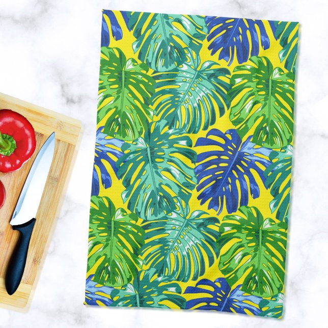 Mom Summer Tropical Leaves Green Yellow Kitchen Towel (Mockup of full kitchen towel on marble countertop)
