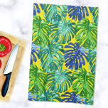 Mom Summer Tropical Leaves Green Yellow Kitchen Towel<br><div class="desc">Your wife will love this tropical tea towel by JessicaAmber. Features large vibrant monstera leaves in green, turquoise and blue, on a yellow background. You can change the background colour. A great piece of decor for your beach house! 🌿 For more exotic beach kitchenwares, visit my store Zazzle.com/DriftwoodAndDreams 🌿 For...</div>