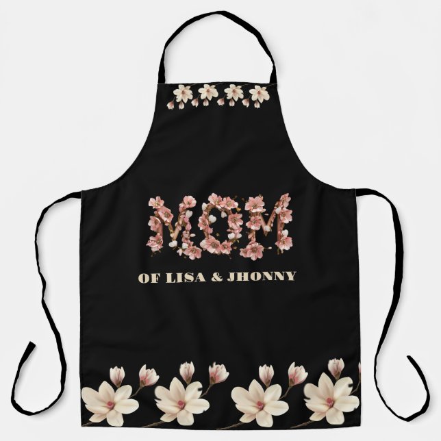  Mom Text with blossoms and Kid Names Apron (Front)