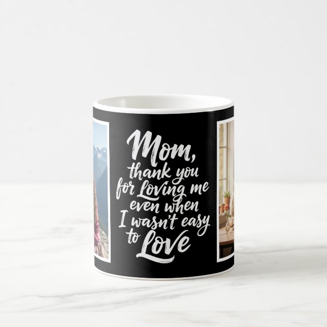 Mom Thanks For Loving Me Brush Script Photo Black Coffee Mug (Center)
