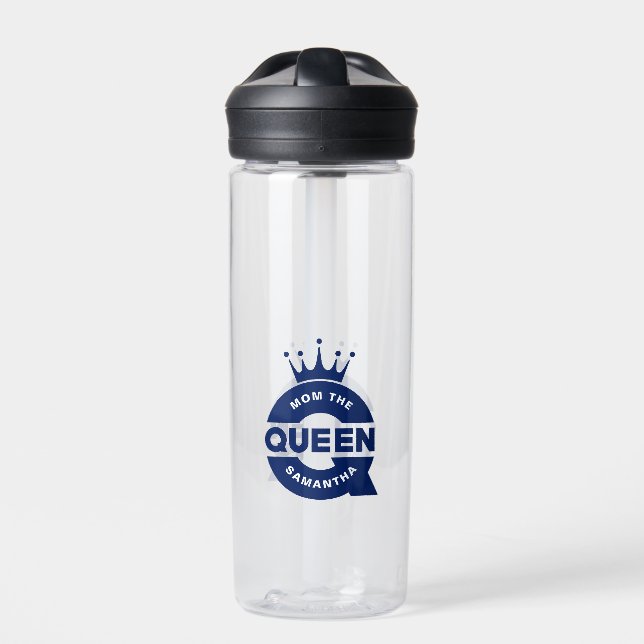 Mom The Queen Blue Creative Typography Water Bottle (Front)
