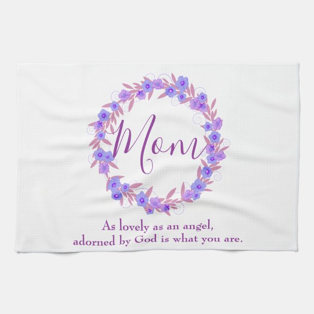 Mom themed Purple and blue floral wreath Kitchen Towel (Horizontal)