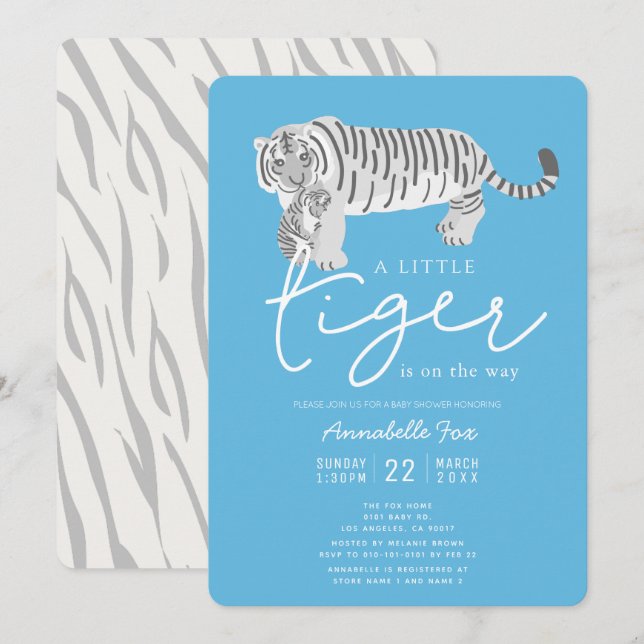 Mom Tiger & Cub Blue Baby Shower Invitation (Front/Back)
