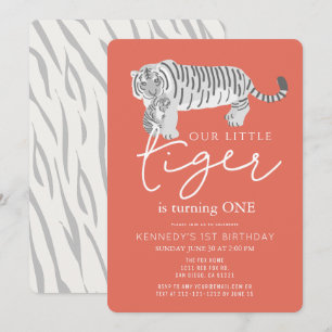 Mom Tiger & Cub Modern Red 1st Birthday Invitation
