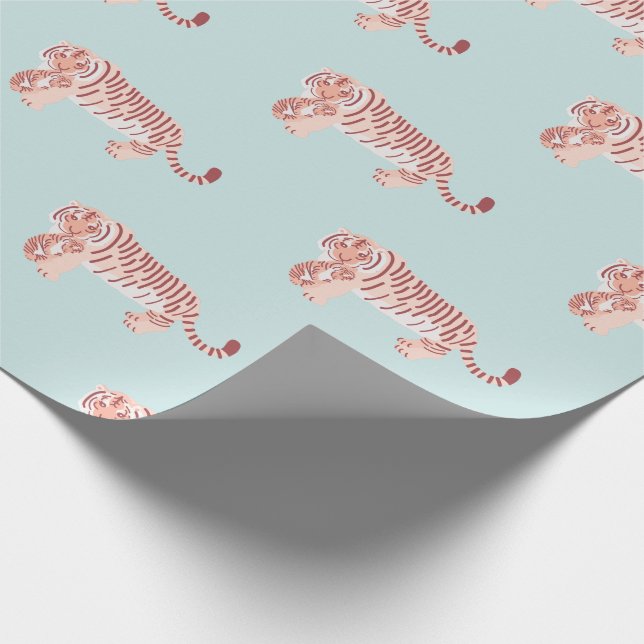 Mom Tiger & Cub Pattern Baby Blue Wrapping Paper (Corner)