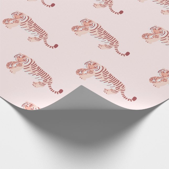 Mom Tiger & Cub Pattern Baby Pink Wrapping Paper (Corner)