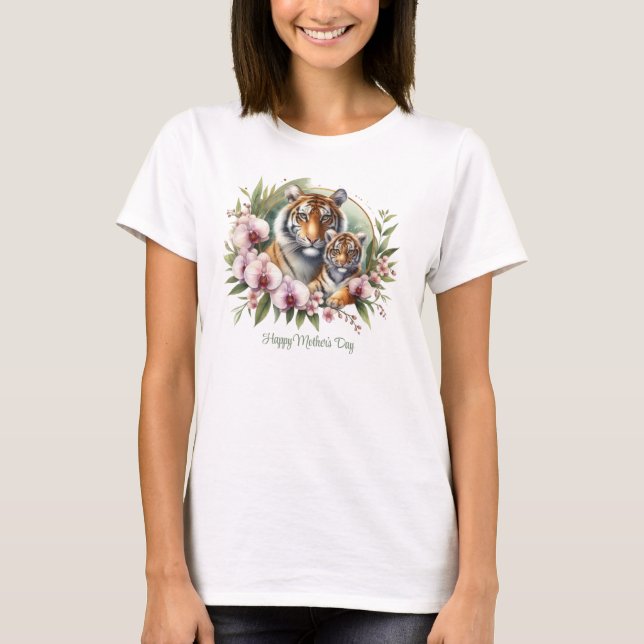 Mom Tiger with baby tropical orchid Mother's Day T-Shirt (Front)