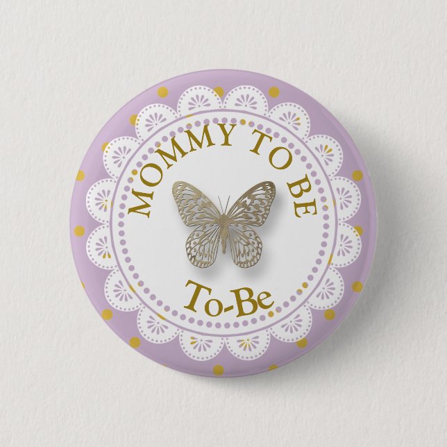Mom To Be Baby Shower Purple & Gold Butterfly 2 Inch Round Button (Front)