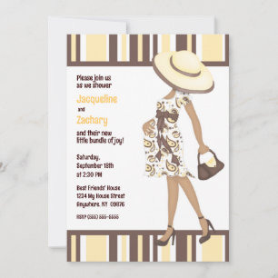 Mom-to-Be (dark skin) Yellow Striped Baby Shower Invitation