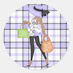 Mom to Be (darker skin) with Purple & Black Plaid Classic Round Sticker