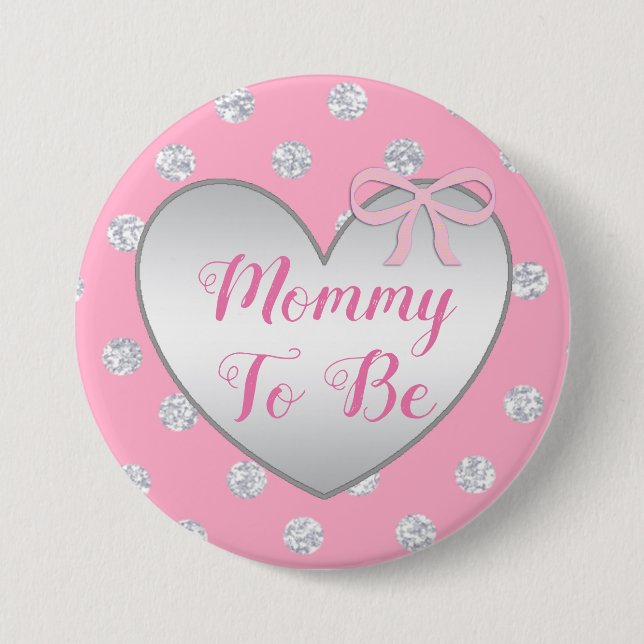 Mom to be Pink and Silver Bow Baby Shower Button (Front)
