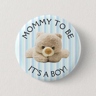 Mom to be "Teddy Bear" Blue Baby Shower Button