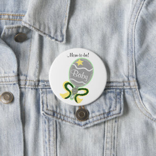 Mom-To-Be Yellow Star Green Bow Baby Rattle Shower 3 Inch Round Button
