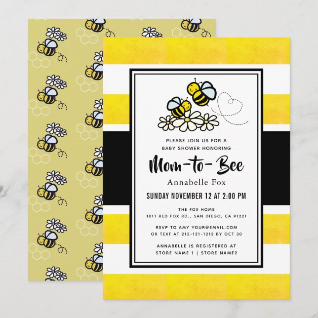Mom to Bee Cute Yellow Baby Shower Invitation (Front/Back)