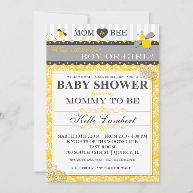 Mom to Bee Whimsical Bee Baby Shower Invitation (Front)