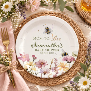Mom to Bee Wildflower Pink & Green Baby Shower Paper Plate