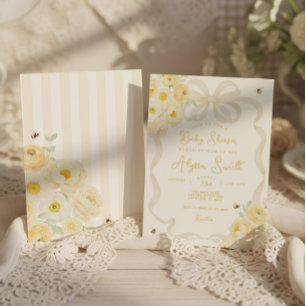 Mom to Bee Yellow Stripes and Floral Baby Shower Invitation