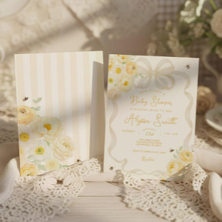 Mom to Bee Yellow Stripes and Floral Baby Shower Invitation