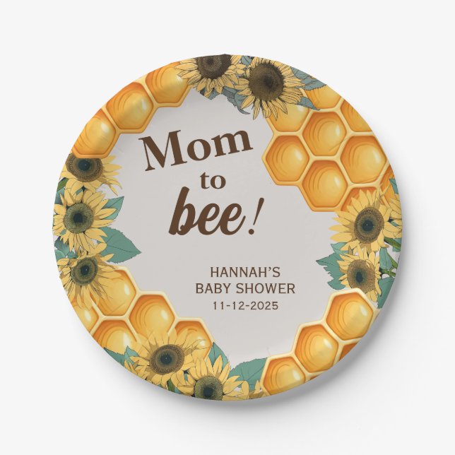 Mom to Bee Yellow Sunflower Baby Shower Paper Plate (Front)